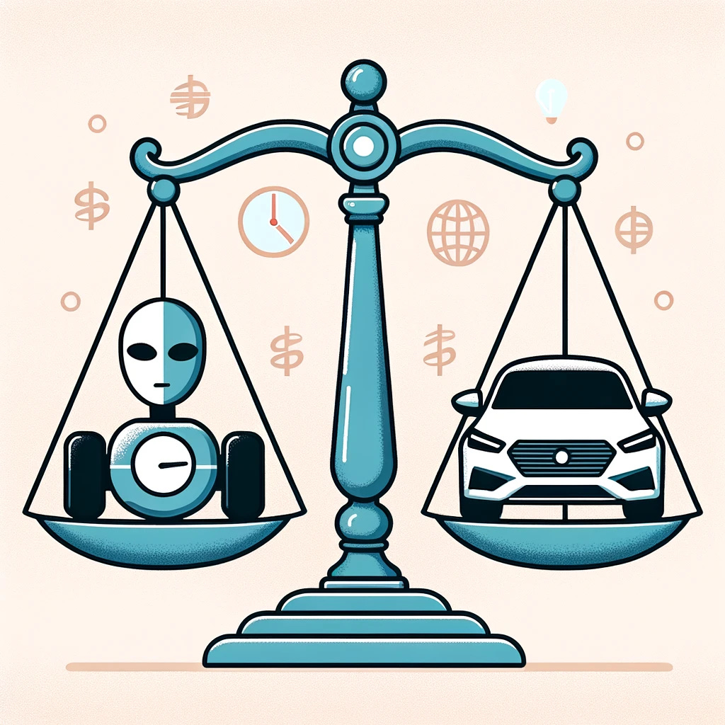 Illustration of a balance scale, on one side there's a human driver and on the other, an autonomous car, representing the comparison of safety between the two.
