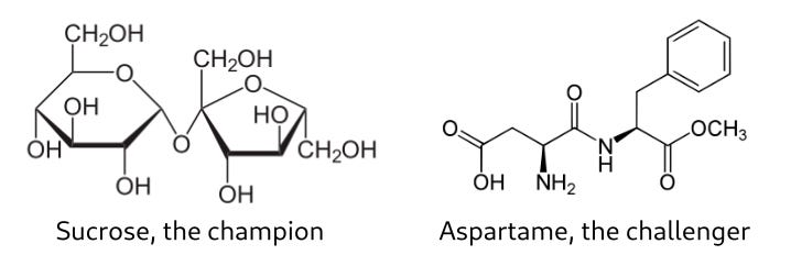 Molecular structures of sucrose and aspartame, looking very different