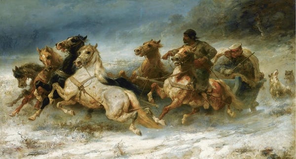 painting of a horse drawn sleigh attacked by wolves