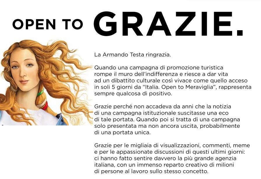 Open to Meraviglia, l'agenzia Armando Testa ringrazia «per i commenti, i  meme e le discussioni» - Open