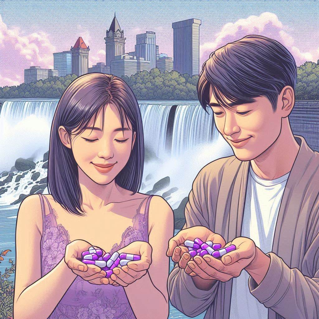 young asian married couple holding purple pills at niagara falls, solarpunk drawing