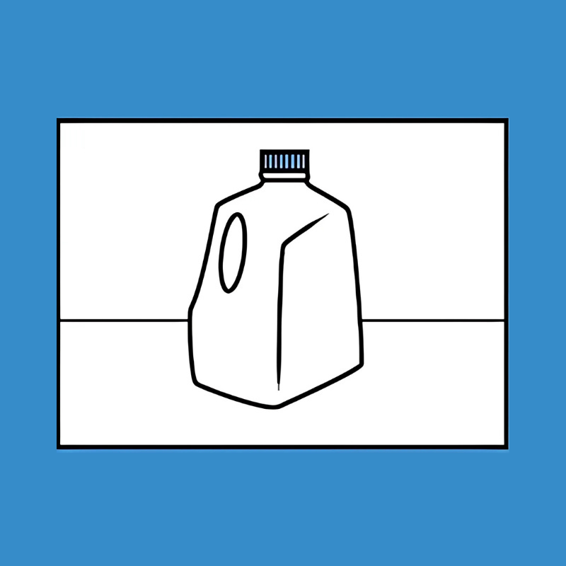 Simple line drawing of a plastic milk jug sitting on a flat surface. The background is white with a thin horizon line and a solid blue border.
