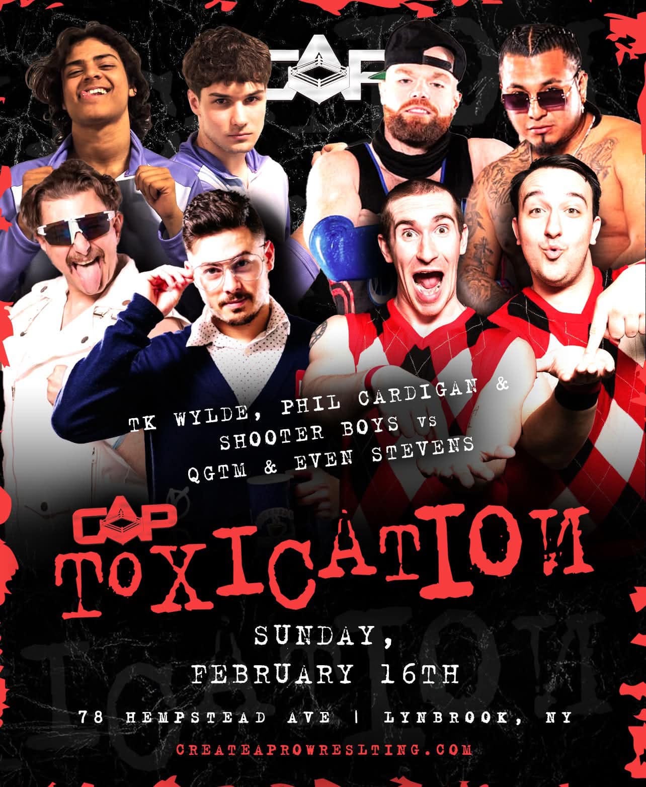 May be an image of 8 people and text that says 'T WYLDE, PHIL CARDIGAN & SHOOTER BOYS VS QGTM & EVEN STEVENS OXTOATTO GAP SUNDAY, FEBRUARY16TH 16TH FEBRUARY 78 RBLPSERADATE3ROOK, I HEMPSTEAD ATE LYNBROOK, NY CRBATTAPROWRDSIRIC.COM'