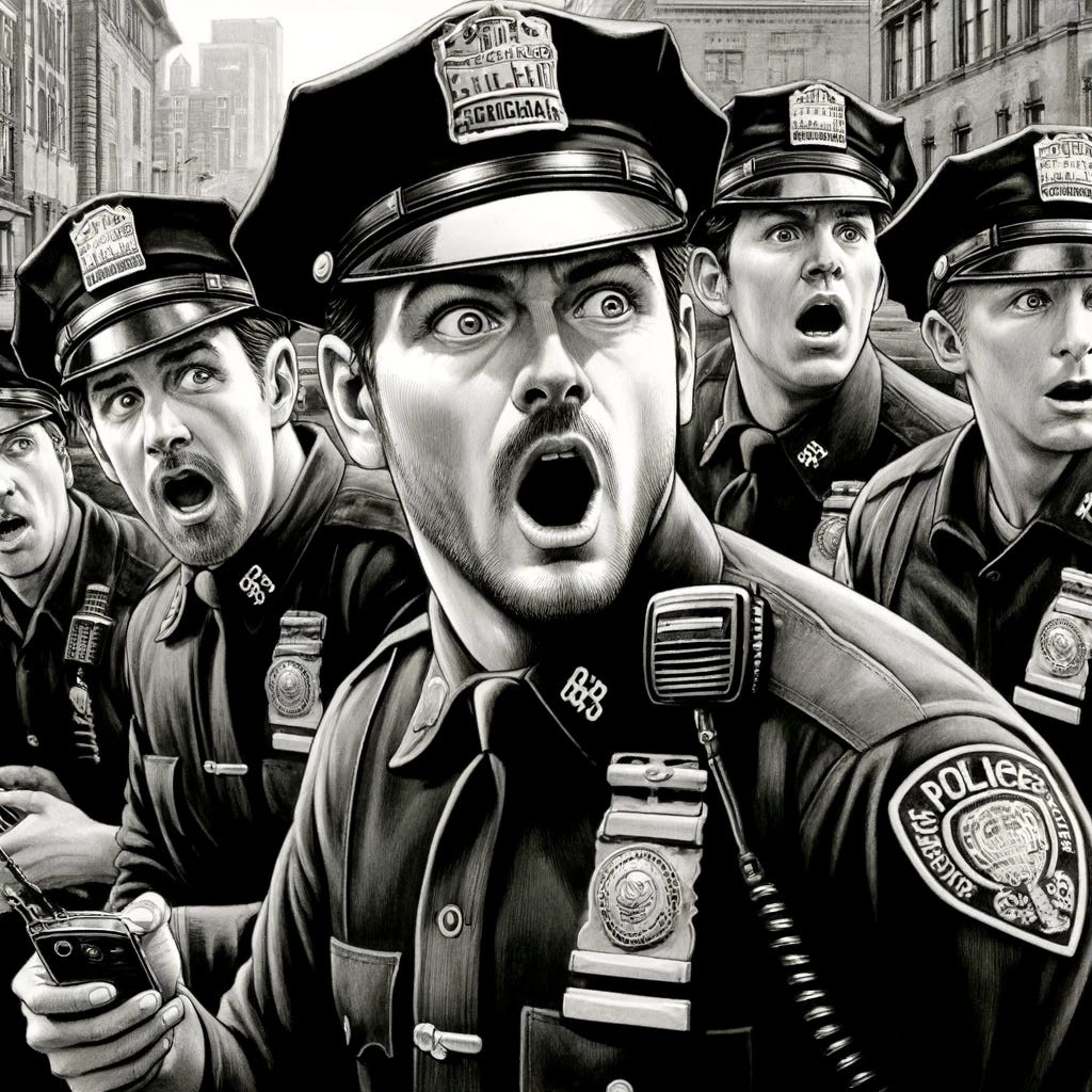 A black and white drawing depicting a scene of several police officers with varying expressions of surprise and alertness, reacting to loud noises off-camera. The officers are wearing standard police uniforms with badges and radios visible. The setting is an urban street with buildings and parked cars, suggesting a busy city environment. The drawing style is detailed and realistic, capturing the tension and urgency of the moment.