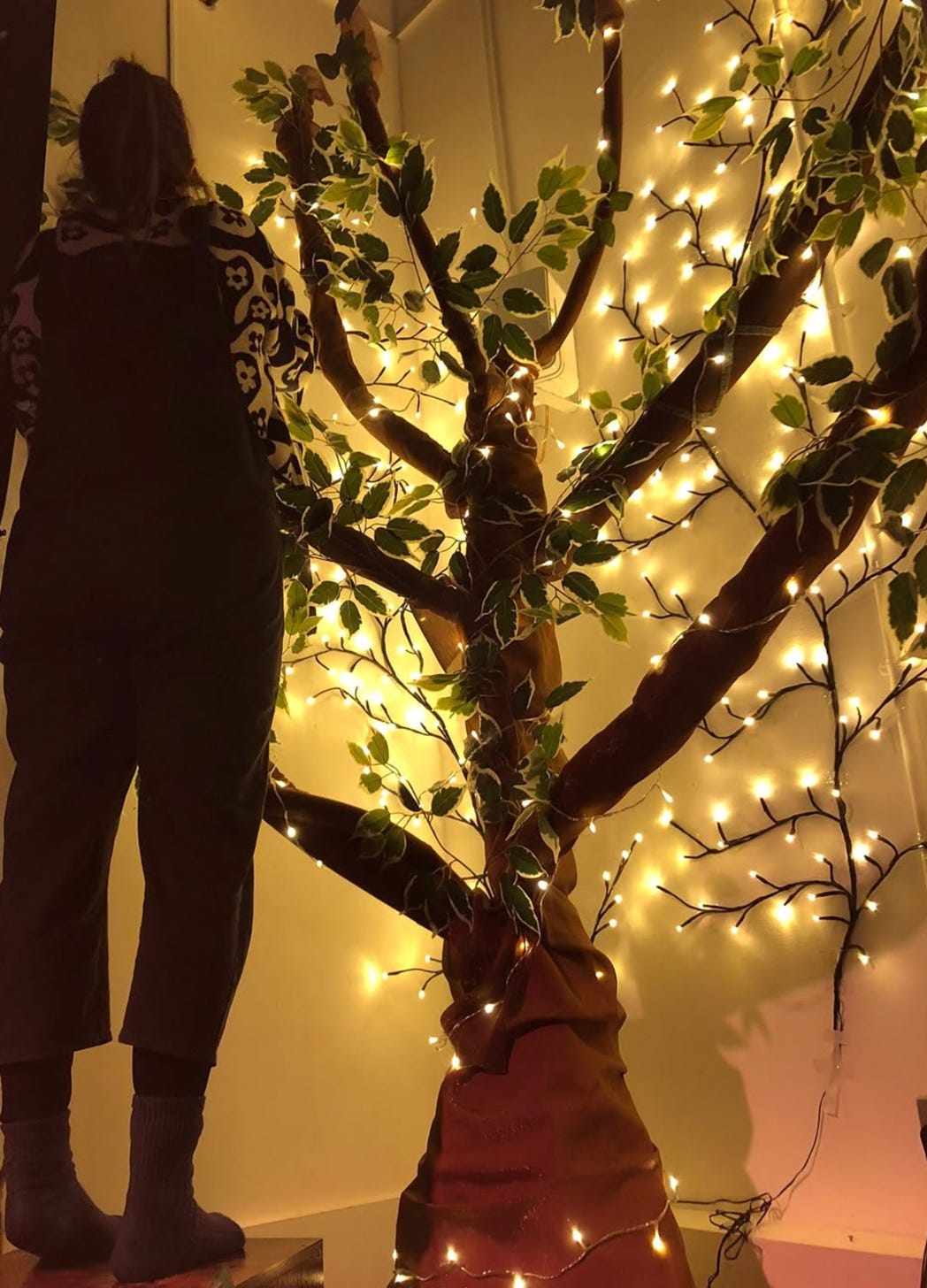 photo of a tree being constructed for a performance of Rajiv's Starry Feelings by Niall Moorjani