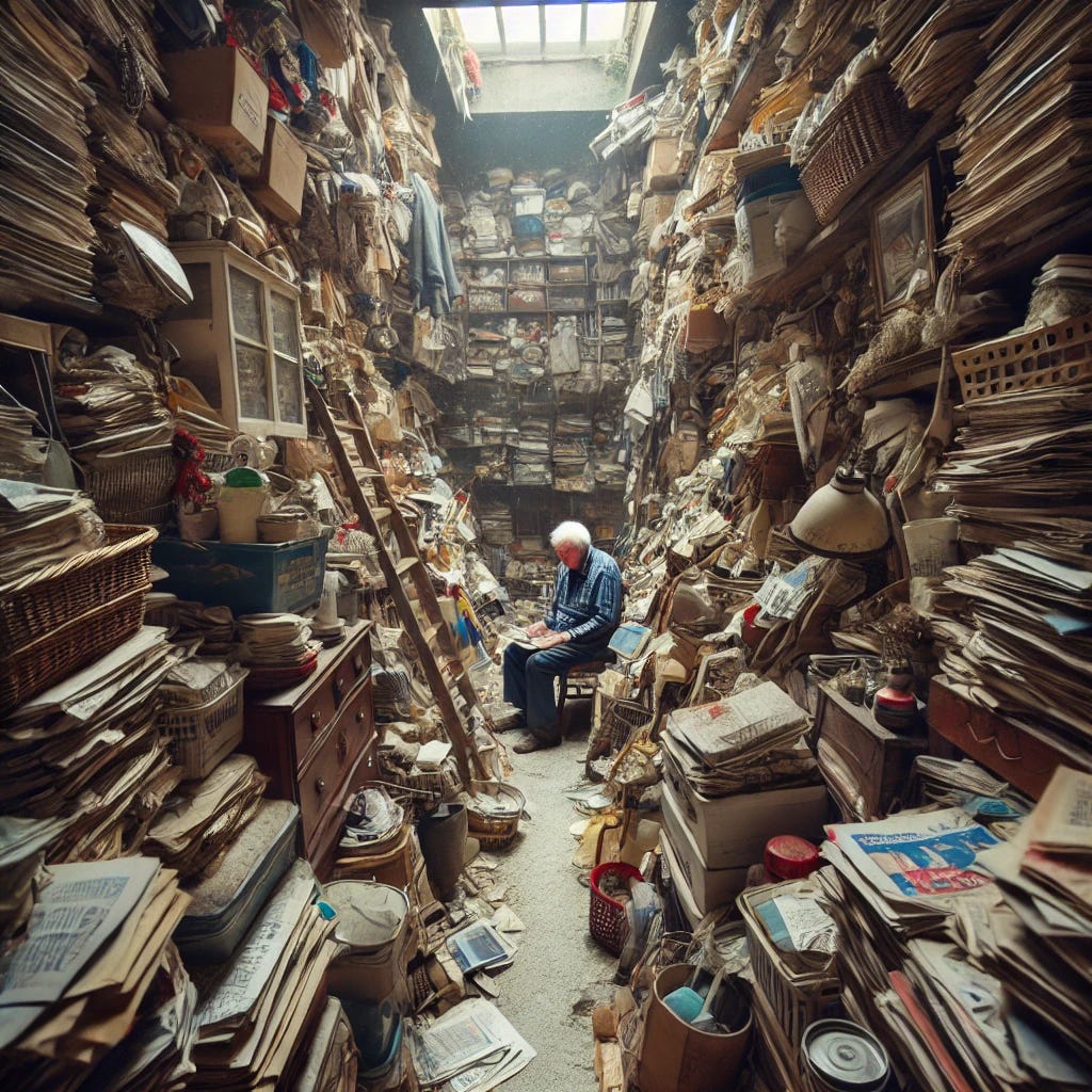 A hoarder’s cluttered living space, filled with towering stacks of newspapers, old furniture, and random household items piled chaotically. Narrow pathways wind through the overwhelming mess. The hoarder, an elderly person with a frazzled appearance, sits amidst the clutter, clutching an old item with sentimental value. The room is dimly lit, with dust floating in the air and a sense of overwhelming chaos.