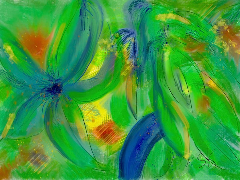 Abstract blue and green shapes by Sherry Killam Arts like flowers and insects.