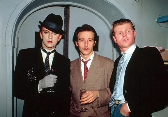 Steve Strange, Midge Ure, and Rusty Egan, at Blitz club in 1980