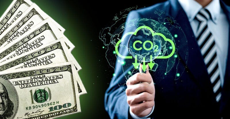 man holding co2 with down arrow and money on top