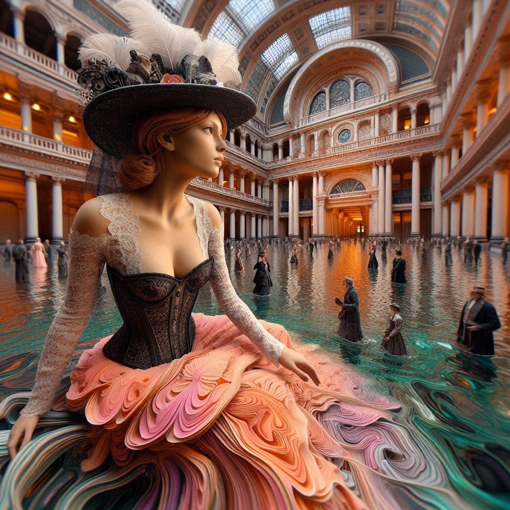 hyper realistic tiltshift 4d angle glass embedded Altgeld hall building/ black,coral orange, pink, cream, olive/ woman inside Altgeld hall in olive,chartrues,midnightblue, white Victorian bust / drewhite feather scarf/ psychadelic steampunk headress/she is sitting on a unicorn. water in resin/ honey-wood and copper/ Marquetry, verdigris./ standing on stage/ people dancing in distance/ In the style of Michael Parkes. black etching/ black linework/ white tiger / black sky 