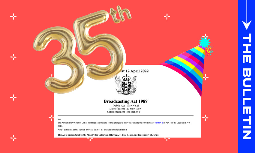 a celebratory graphic marking the 35th anniversary of the Broadcasting Act 1989. It includes festive elements like a large "35th" in gold balloons, a colorful party hat, and the text "THE BULLETIN" on the side. The document excerpt in the image indicates the Broadcasting Act was assented to on May 27, 1989, and is administrated by various ministries.