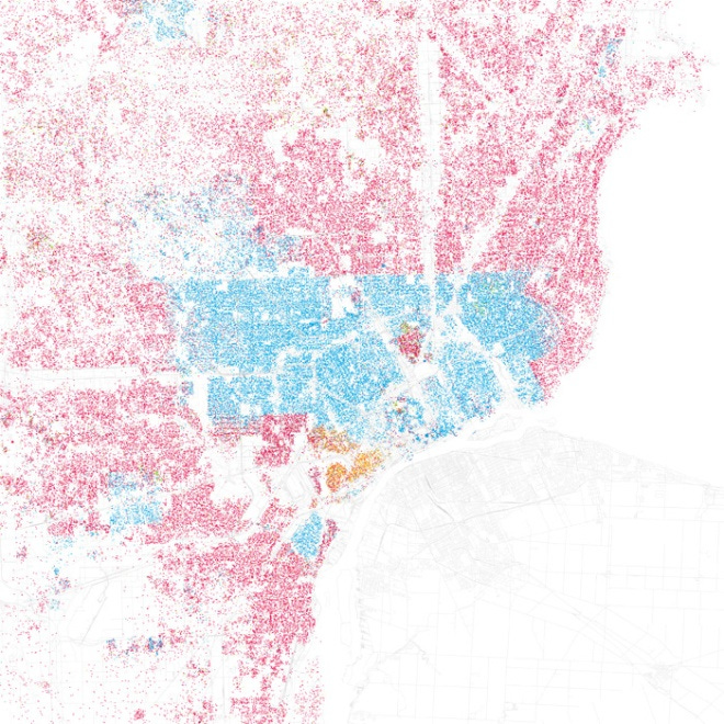 Detroit's racial segregation. Blue is black, pink is white. [http://www.radicalcartography.net/]