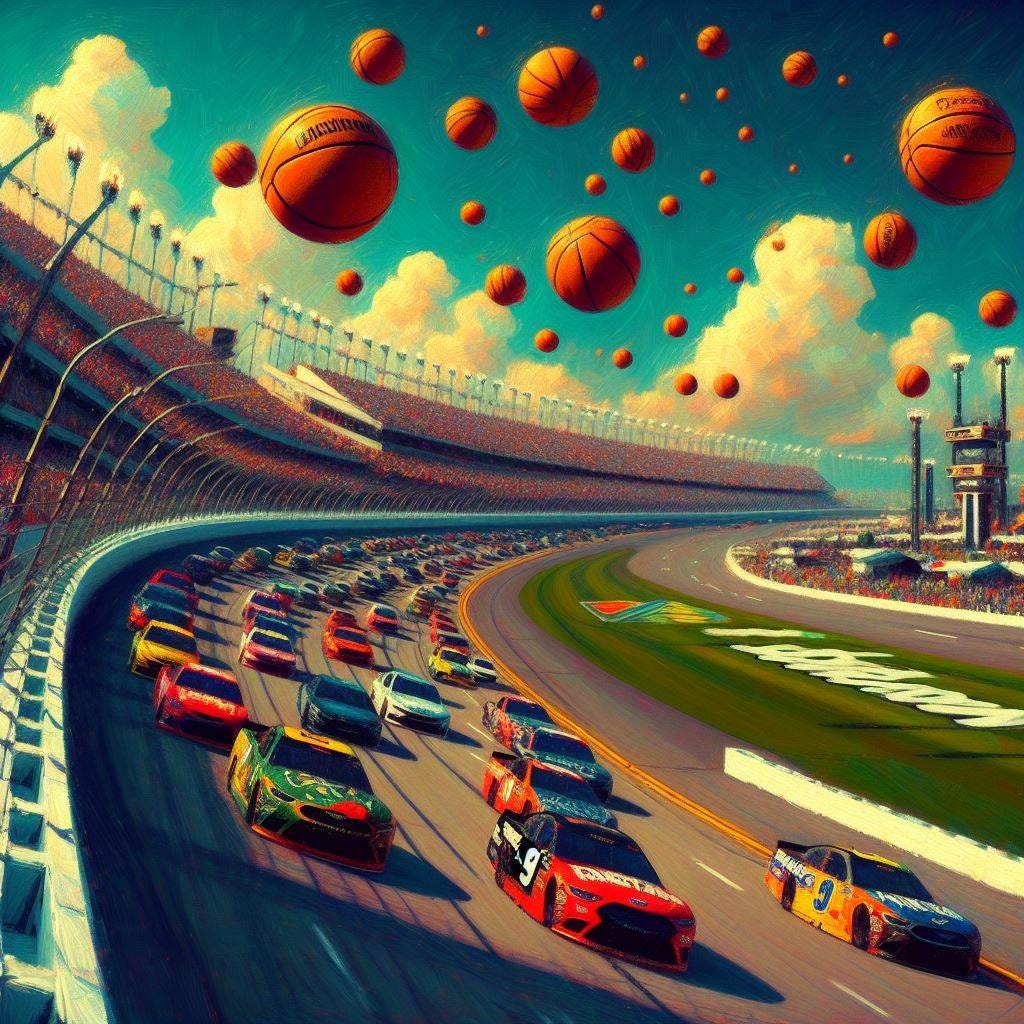 The Daytona 500 with basketballs on the track, impressionism