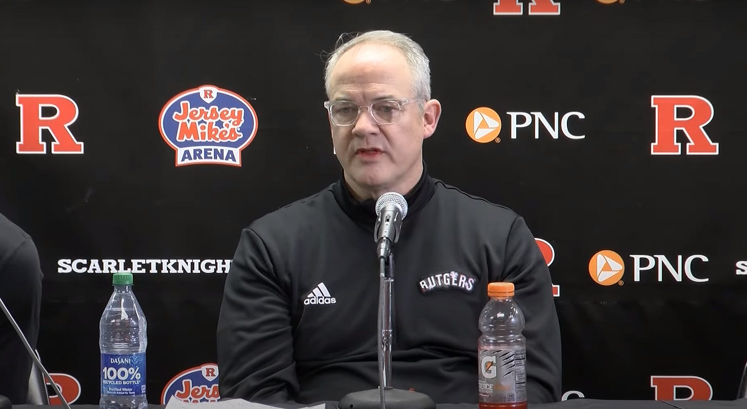 Rutgers coach Steve Pikiell speaks to reporters after a game on Feb. 1, 2023. (YouTube screenshot via Rutgers Athletics)