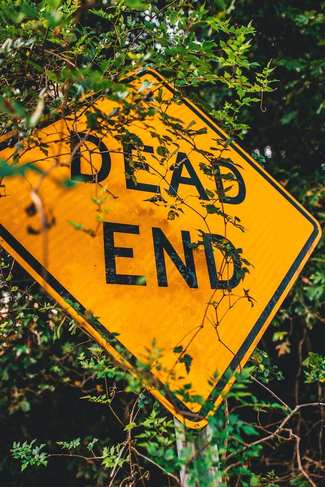A photo of a yellow road sign stating DEAD END. The sign is slowly being captured by the growing trees around it.
