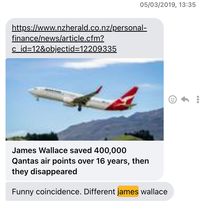 A story headlined "James Wallace saved 400,000 air points over 16 years"