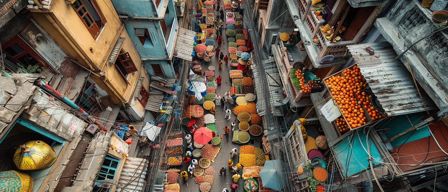 A bustling street market viewed from above, with colorful produce displayed in large baskets and vendors interacting with shoppers, surrounded by tightly packed, multistory buildings.