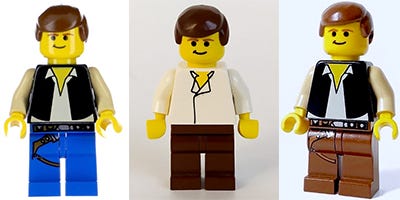 Three classic LEGO Han Solo minifigs, center figure without vest and gun holster