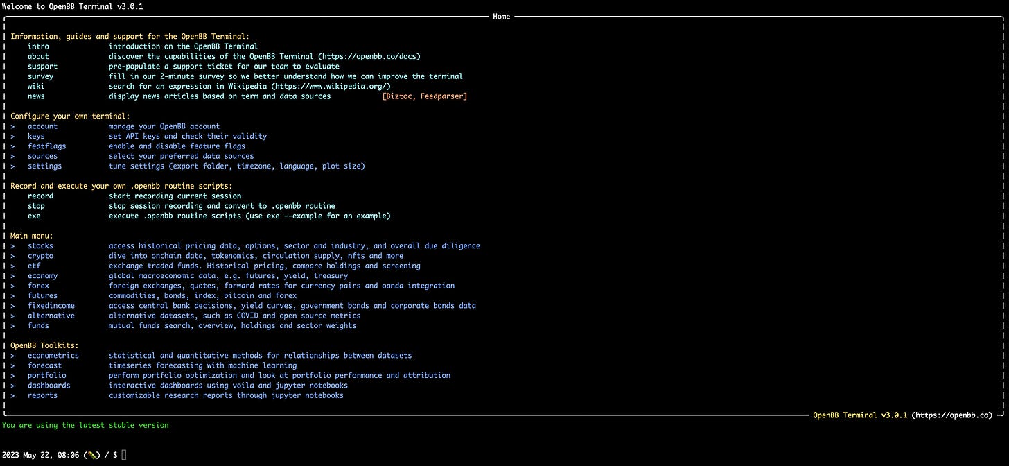 Home Screen OpenBB Terminal (Screenshot by authors)