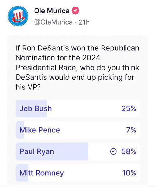 May be an image of ‎text that says '‎ل山 Ole Murica @OleMurica 21h If Ron DeSantis won the Republican Nomination for the 2024 Presidential Race, who do you think DeSantis would end up picking for his VP? Jeb Bush 25% Mike Pence 7% Paul Ryan 58% Mitt Romney 10%‎'‎