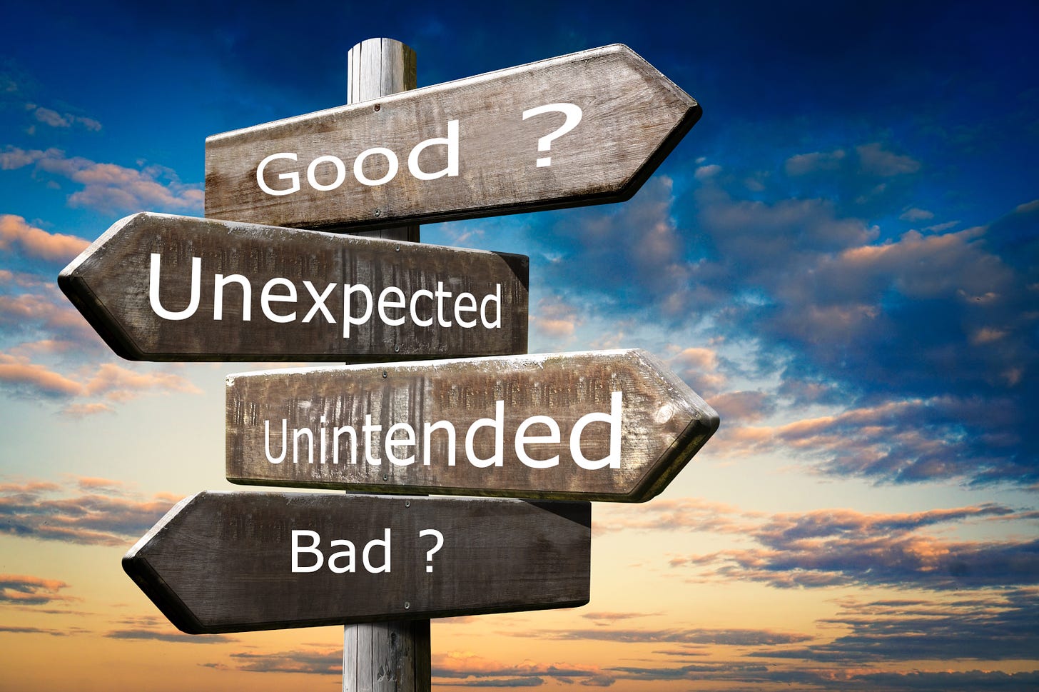 A sign post pointing in all directions with the destinations “good”, “bad”, “unintended” and “unexpected”