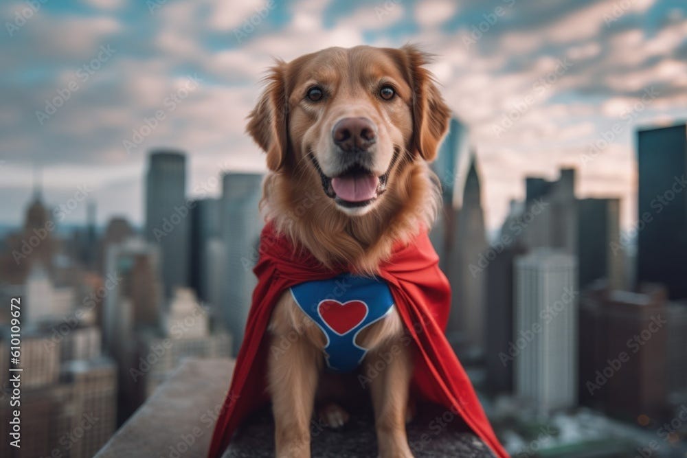 A dog dressed up like a superhero sitting on a ledge. Generative AI image.