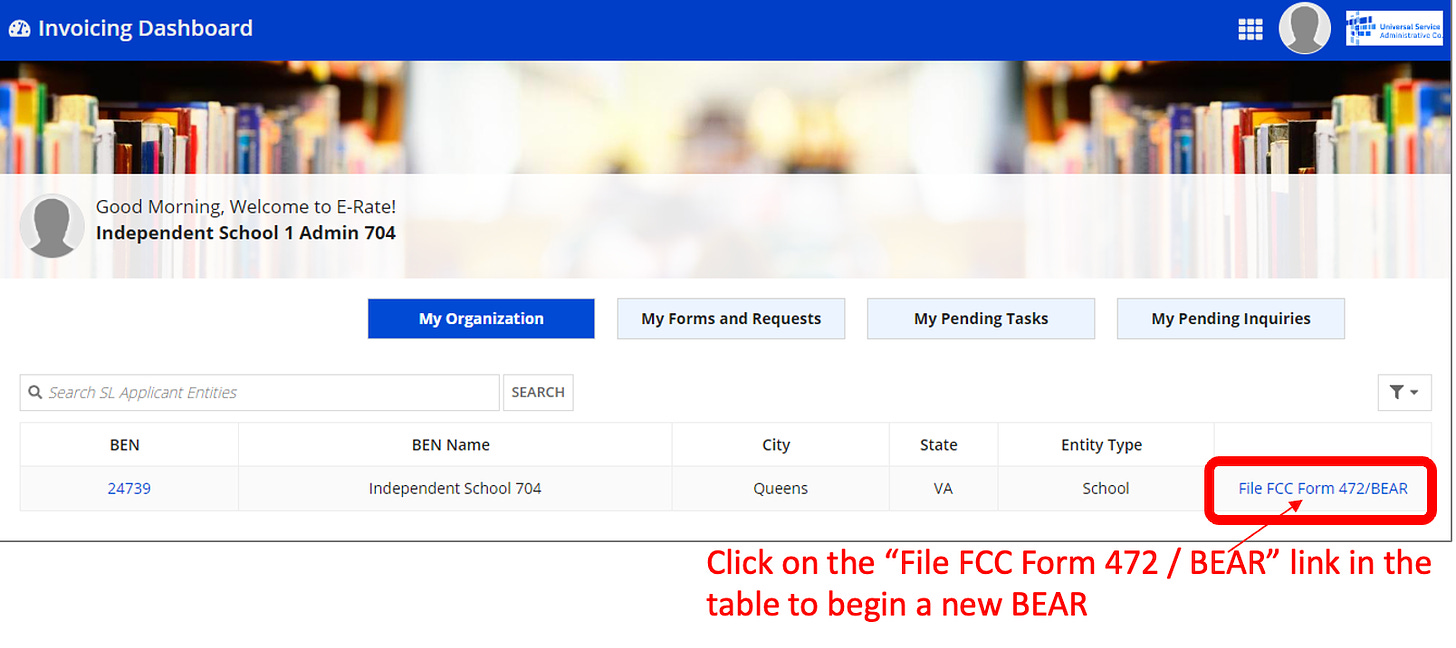 E-rate Invoicing Dashboard, highlighting button to file reimbursement form. 