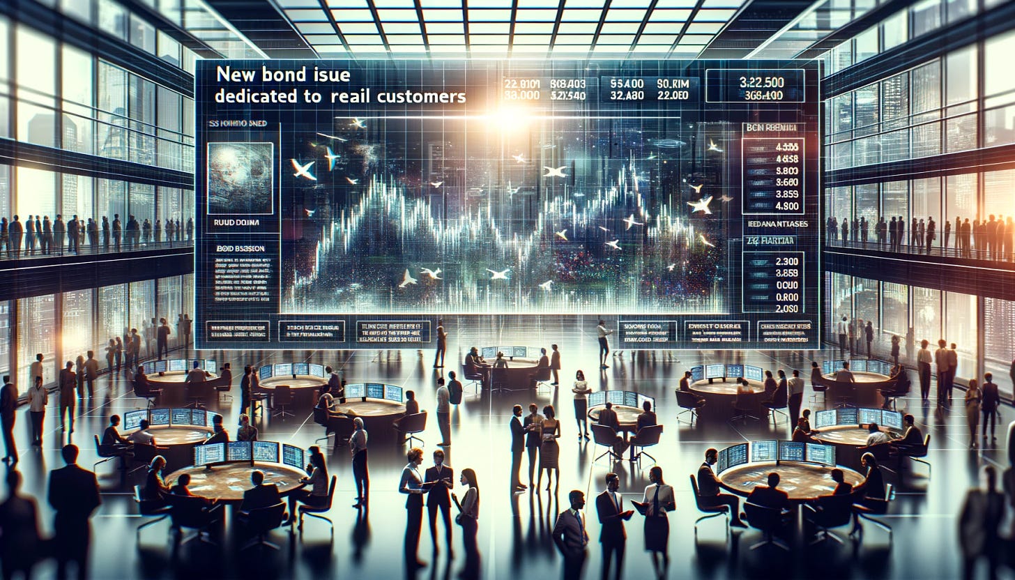 A conceptual wide image of a new bond issue dedicated to retail customers, without any text. The scene shows a bustling stock market with people of various backgrounds engaged in trading activities. There are digital boards and graphs indicating bond values, all without text, focusing purely on visual representations of data. The environment is modern and technologically advanced, with a vibrant energy and people actively discussing investments.