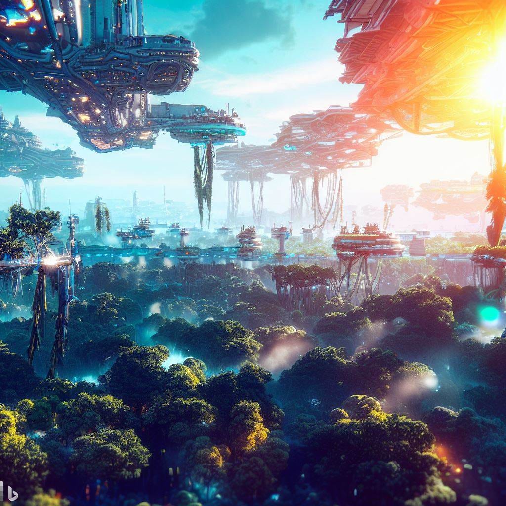 A bustling solarpunk metropolis that hovers above a vast expanse of alien forest. Experiment with aerial photography to capture the sprawling cityscape from above, showcasing the interconnected structures and vegetation. Play with vibrant and naturl lighting to enhance the futuristic and alive vibe. Focus on capturing the energy and activity of the alien inhabitants. 