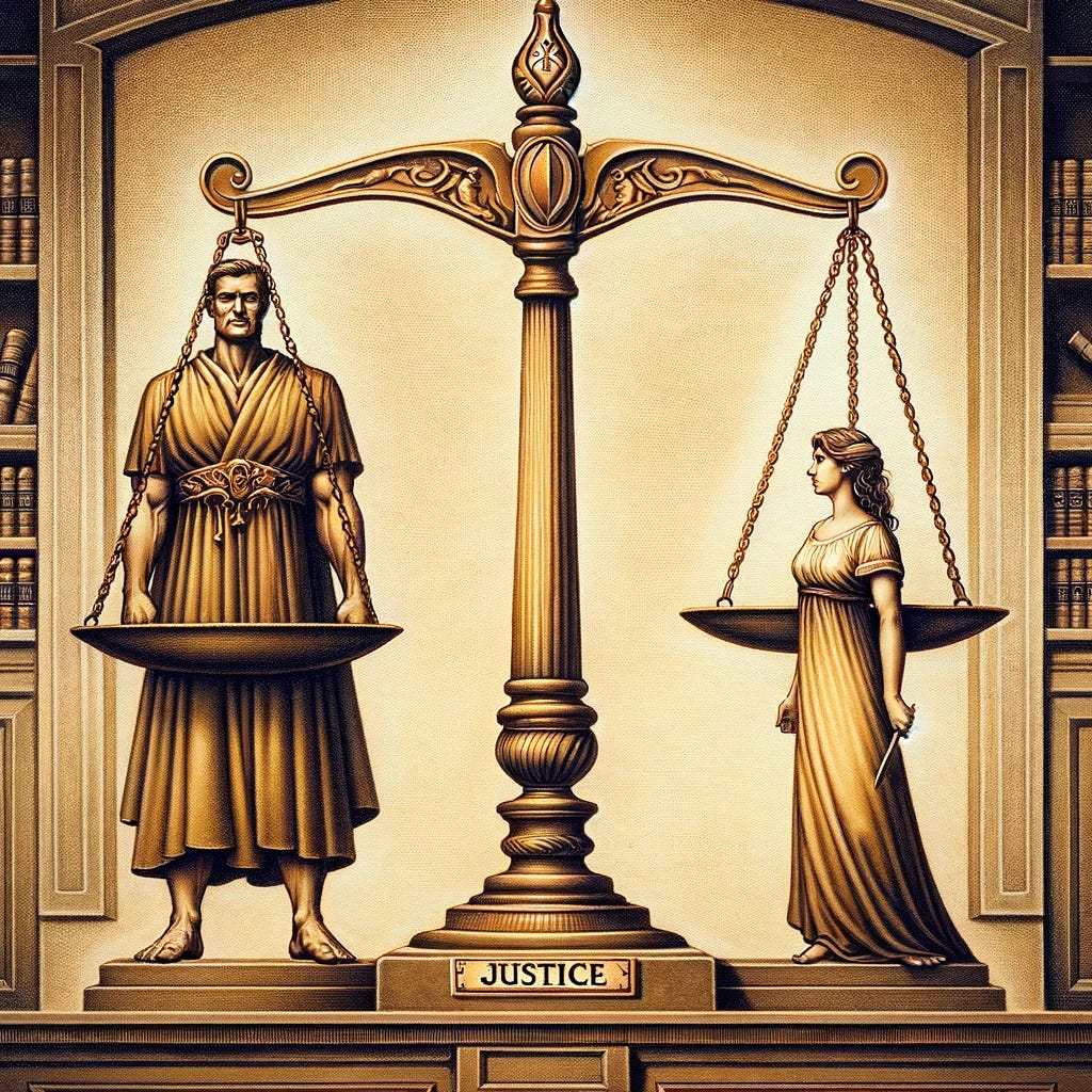 An allegorical illustration showing two figures on a balanced scale, representing strength and weakness. The scale is perfectly balanced, not because the stronger figure is protecting the weaker, but because both are standing on a solid foundation labeled 'Justice'. The stronger figure is not reaching down to help the weaker; instead, both are standing tall and looking straight ahead, symbolizing their individual pursuit of justice. The background is a courtroom setting, emphasizing the concept of legal and moral rightness. The overall tone of the image is dignified and respectful, with a focus on the equal importance of both figures seeking fairness and justice.