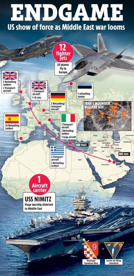 Illustration of a map showing US military deployment to the Middle East, including aircraft and a carrier, alongside the location of Iranian nuclear sites.