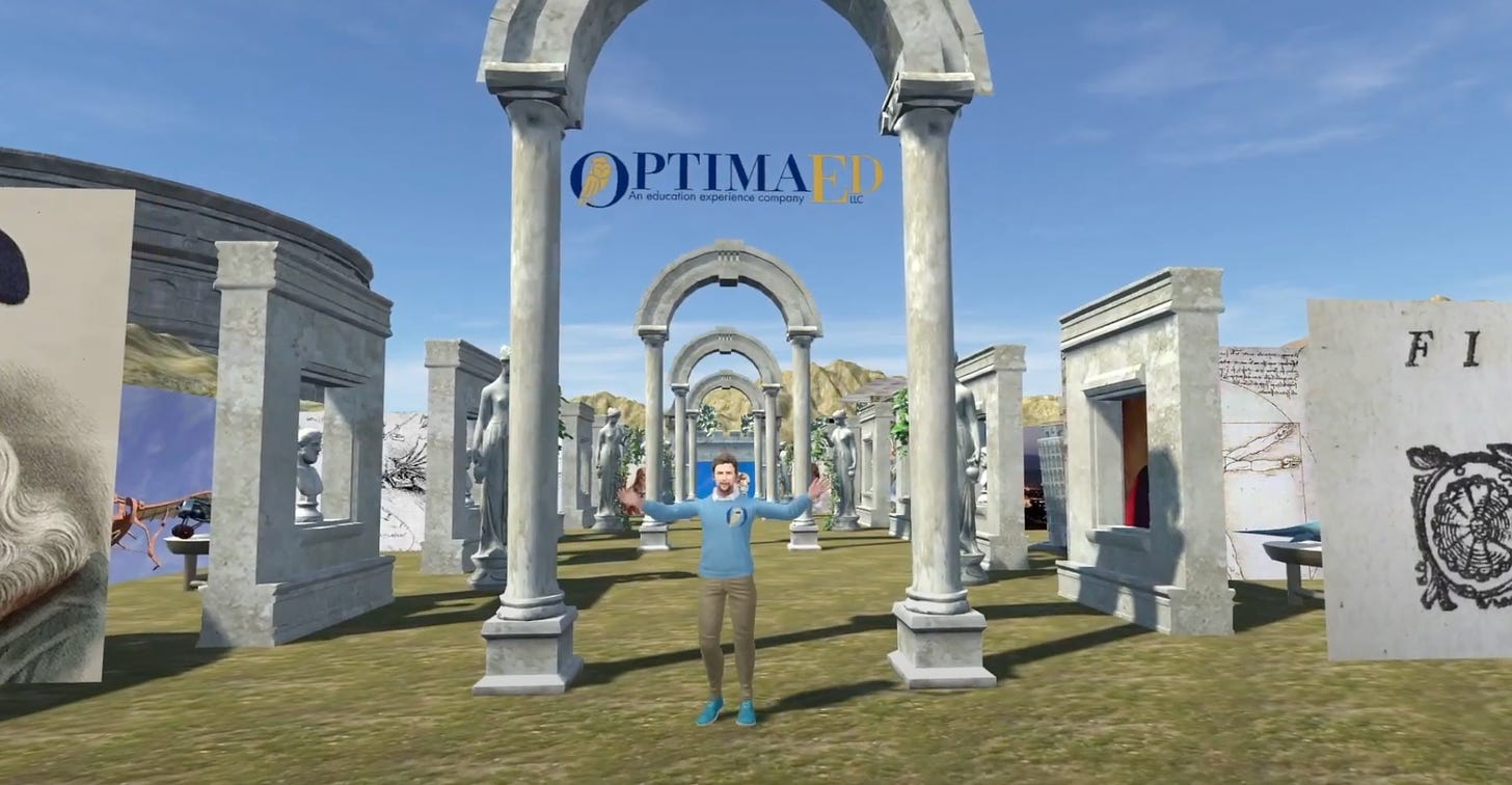 A teacher stands in the metaverse underneath ancient Greek architecture.