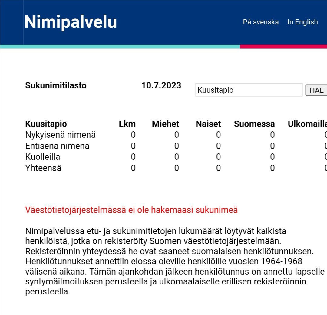 Virallista nimipalvelua tarkistellessa, paljastuu ettei “Kuusitapioita” ole edes olemassa Suomessa.
