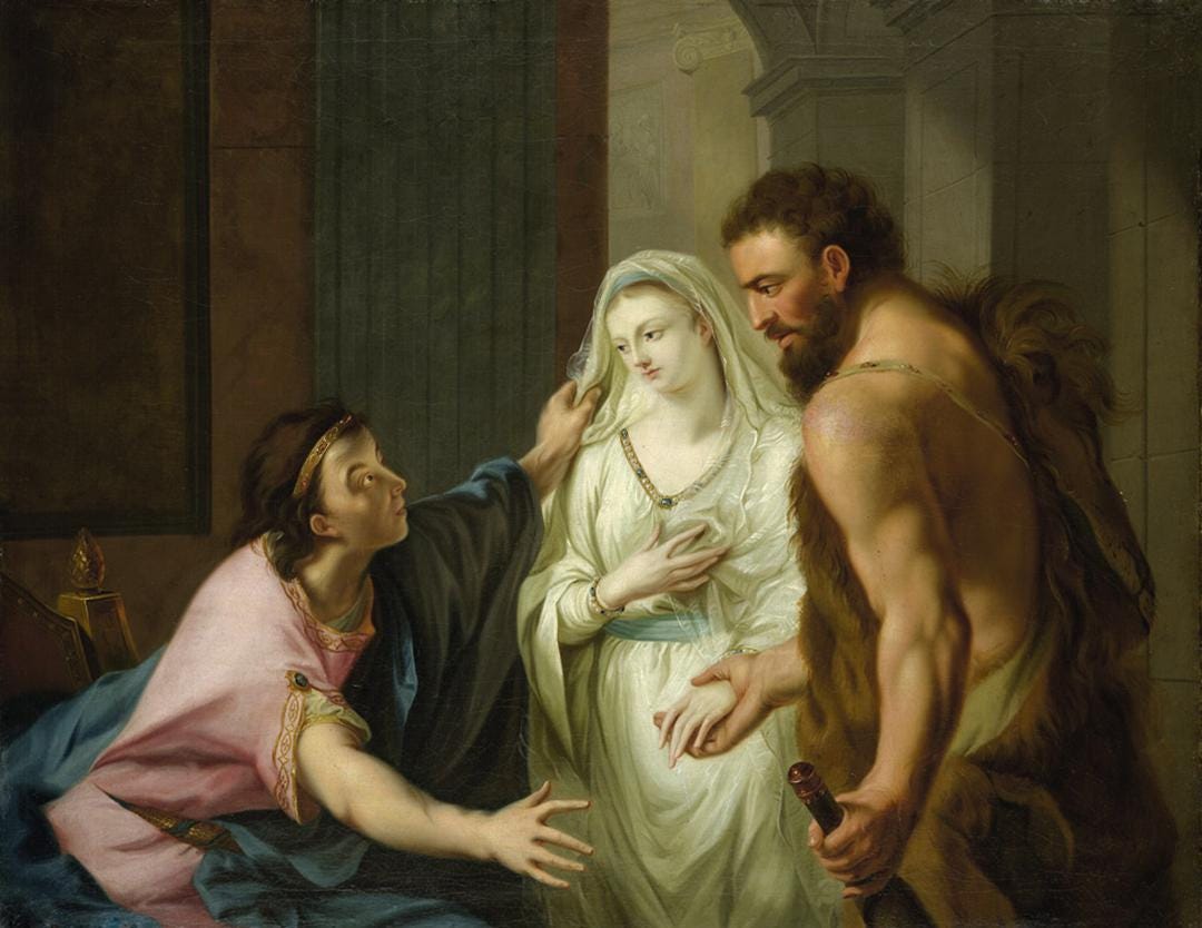 Hercules snatches Alcestis from Thanatos, the god of the dead, and brings her to Admetus, circa 1780, by Johann Heinrich Tischbein. Oil on canvas. Private collection. (Public Domain)