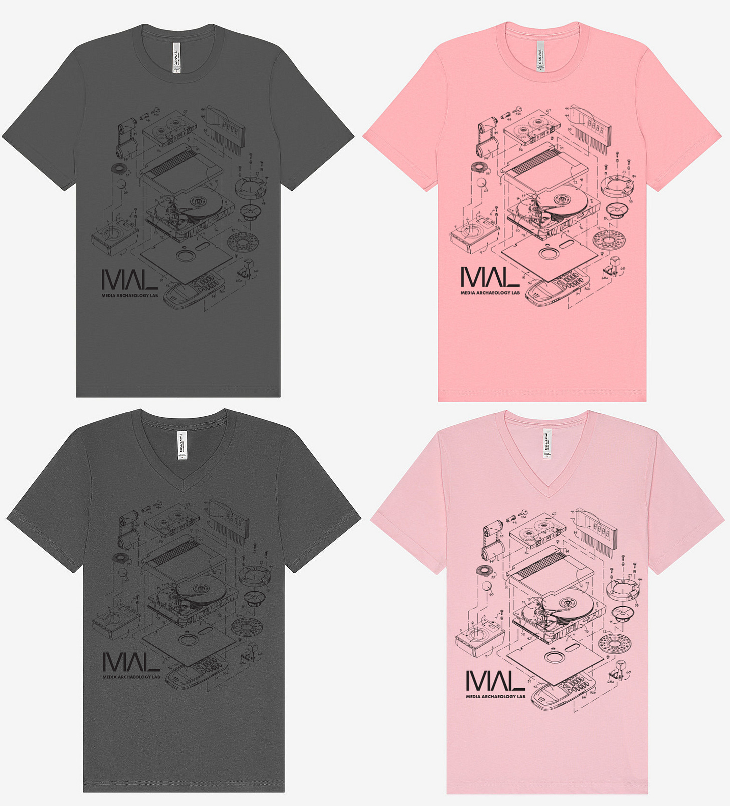 design above shown on mockups of 4 shirts: pink and grey crew and pink and grey v