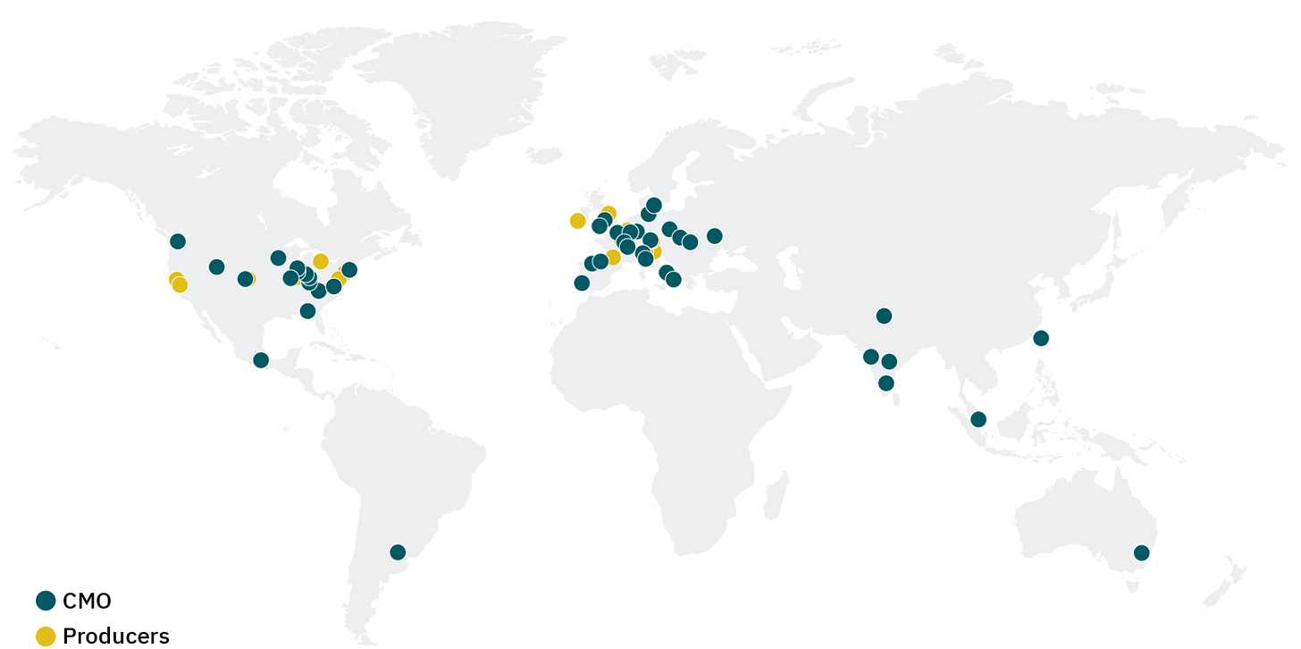 Figure 15: geographic distribution of commercial-scale producers and cmos classified as food standard and pharma and/or industrial