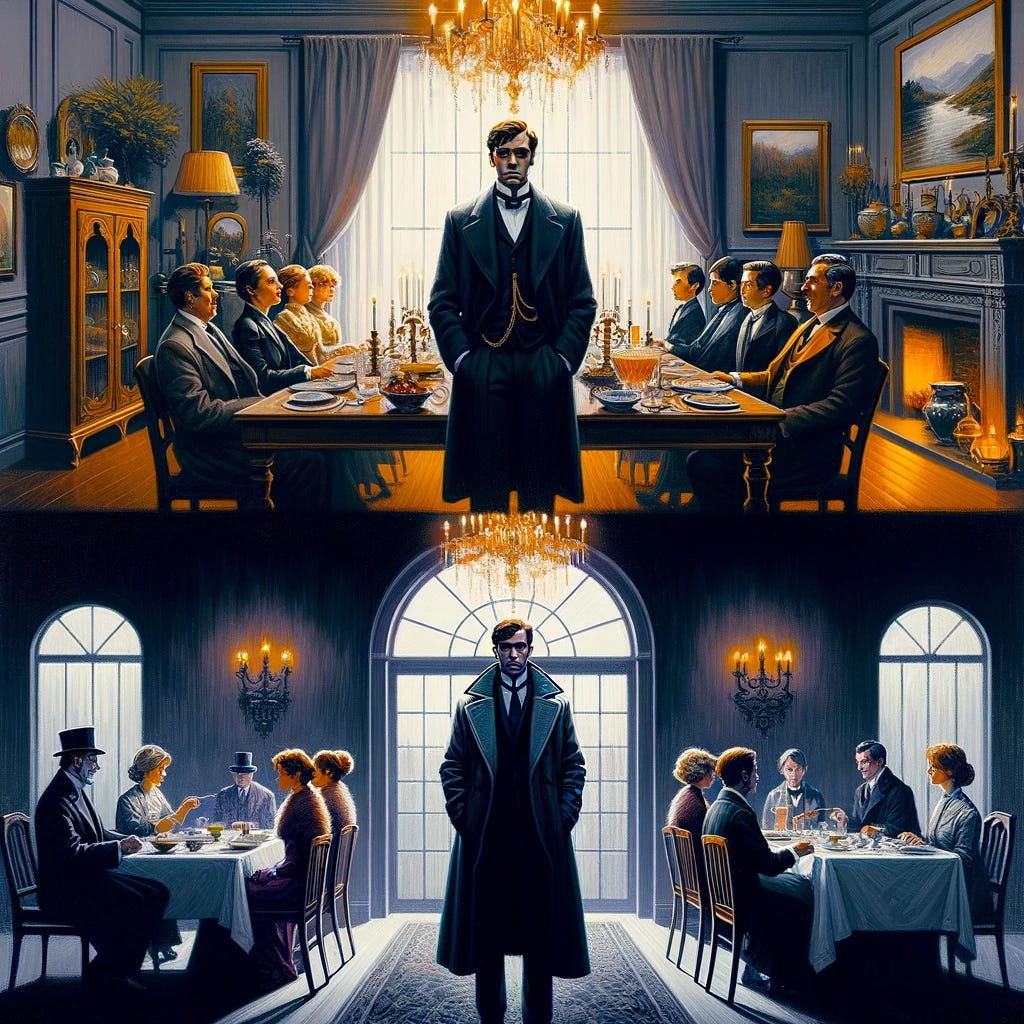 Create an artistic representation for an essay analyzing the role of money in the play 'An Inspector Calls'. The image should depict a juxtaposition of two distinct scenes. On one side, portray the affluent Birling family in their luxurious dining room, dressed in fine clothing, illustrating their wealth and power. The setting should reflect their material possessions and the substantial, yet cold atmosphere of their home. On the other side, show Inspector Goole, embodying the voice of socialism, standing in stark contrast to the Birlings, with a more modest and solemn appearance, representing his role as the moral compass and advocate for social responsibility. The artwork should capture the tension between the opulence of the Birlings and the stark simplicity of Inspector Goole, highlighting the themes of wealth disparity and socioeconomic responsibility in the play. The style should blend elements of realism with symbolic representations to emphasize the contrast in values and lifestyles.