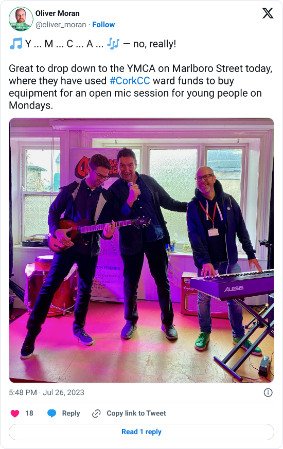 A tweet with the text: "Y ... M ... C ... A ... 🎶 — no, really! Great to drop down to the YMCA on Marlboro Street today, where they have used #CorkCC ward funds to buy equipment for an open mic session for young people on Mondays."