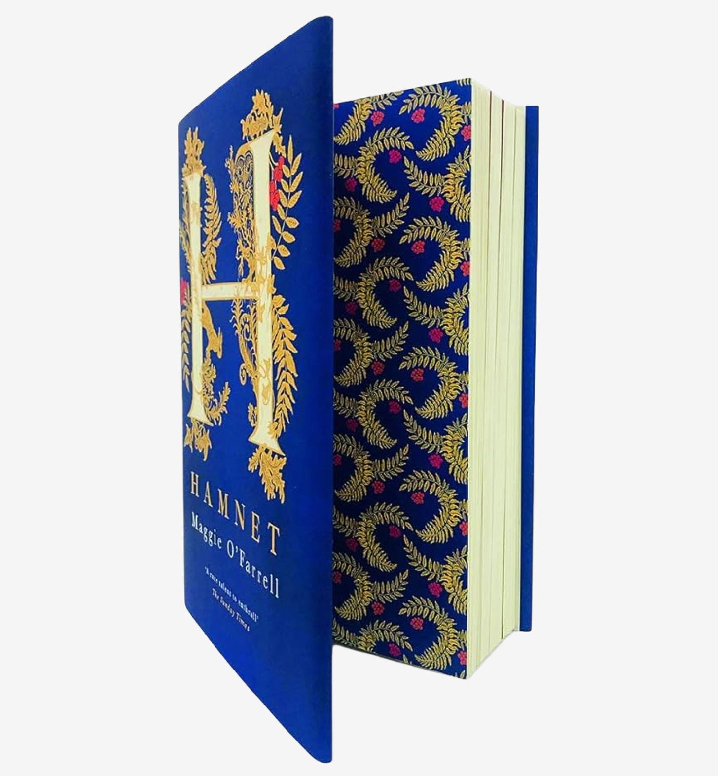 Open UK edition hardcover of Hamnet by Maggie O'Farrell (title and author in gold text on a royal blue background, below an ornate capital H decorated with gold ivy)