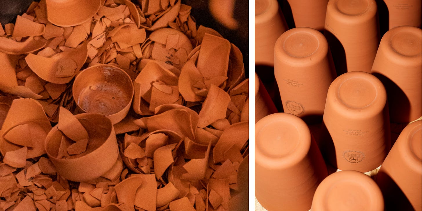 Left: Broken clay cups in a pile. Right: Upside-down clay cups lined up in rows.