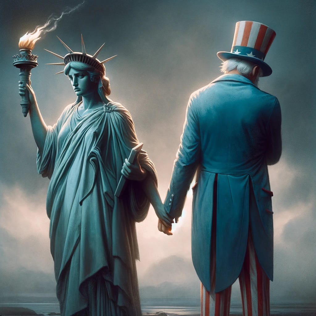 A dramatic breakup scene with the Statue of Liberty and Uncle Sam. Lady Liberty holds her torch lower in a gesture of resignation, reflecting her somber mood. Uncle Sam stands with his arms folded, turning his back to her, signifying a disconnect and the end of their partnership. The emotional gravity of the situation is palpable, with both figures embodying a sense of finality and separation. The background is muted, emphasizing the solemnity of the scene.