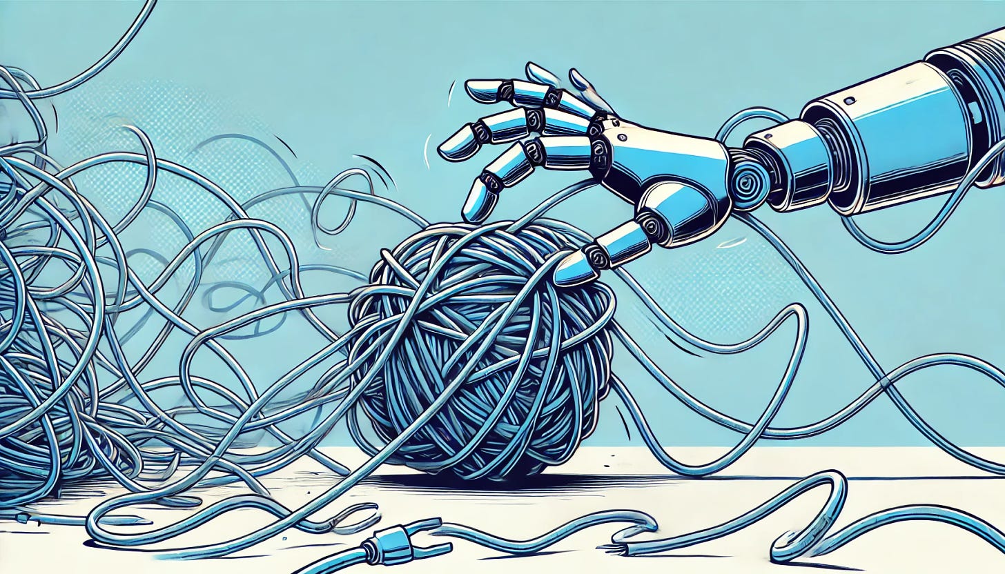 A simple comic-style illustration of a tangled ball of wires or string being pulled free by sleek robot hands, primarily using various shades of blue tones. The wires and robot hands are colored in soft and bold blue hues, creating a cohesive, clean look. The image focuses on the robot hands gently untangling the wires, symbolizing problem-solving or refactoring in progress. The blue color palette gives the image a modern, light, and futuristic feel, with clear, minimalistic lines.