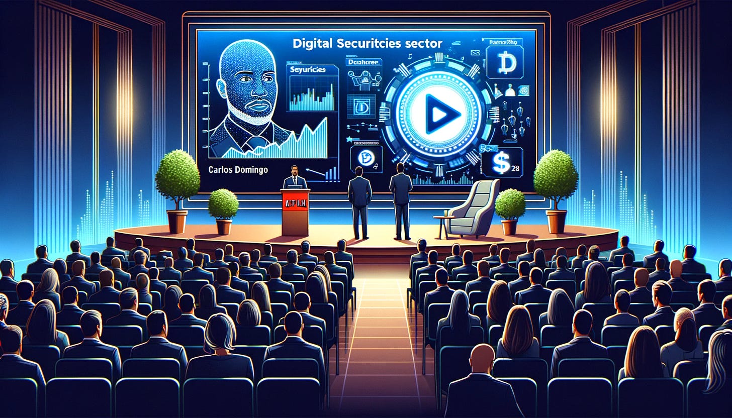Illustration of a grand digital conference room. On the main screen, Carlos Domingo is giving a presentation, with graphics showcasing the potential of the digital securities sector. Attendees watch intently. On the side, a Netflix-style play button morphs into a digital coin, representing the evolution and convenience of finance.
