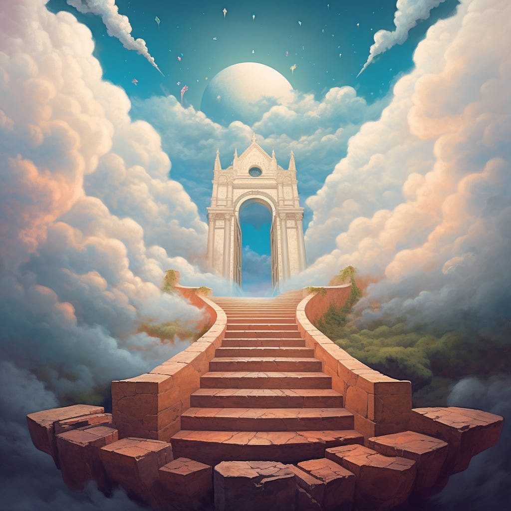 Heavenly gate in the clouds with a stairway leading up to it