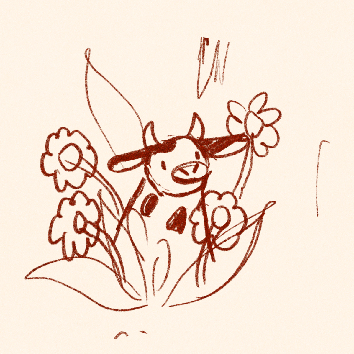 A digital sketch of a cow sitting among some flowers. The sketch is very loose and quick.