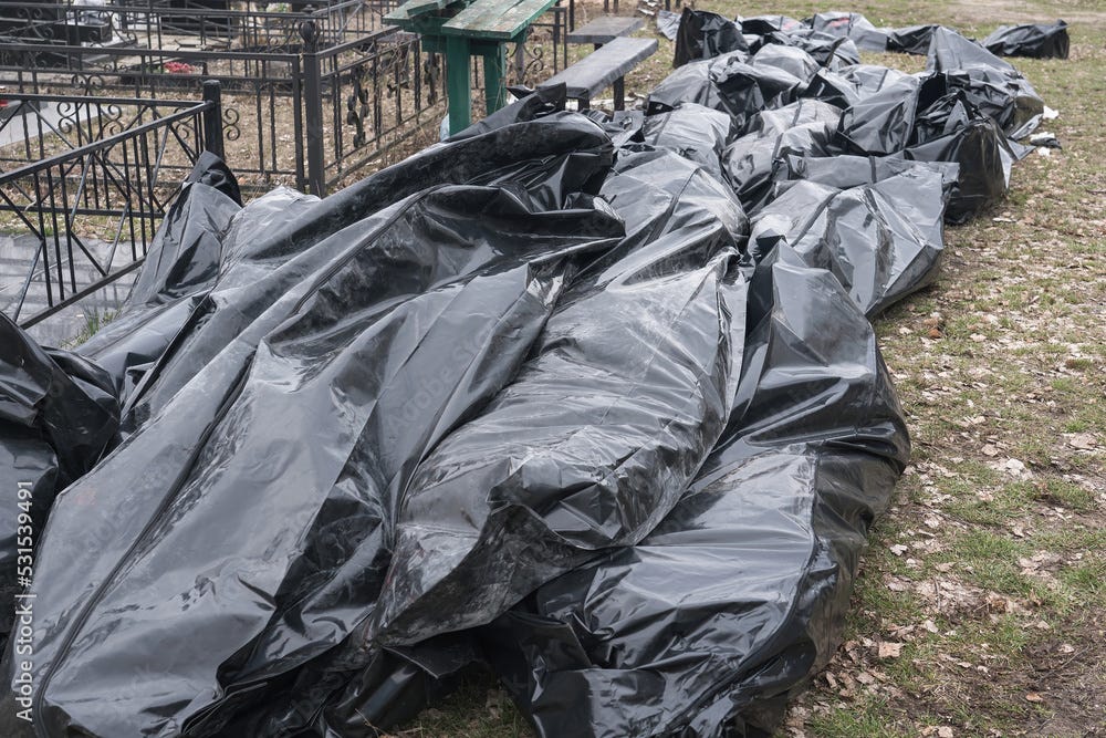 Bucha, Kyiv region, Ukraine - April 2022: Russia's war against Ukraine. Сorpses of civilians in body bags, killed by the troops of the Russian army