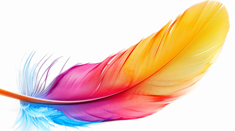 Clipart of a rainbow feather displaying a gradient of colors from pink to teal.