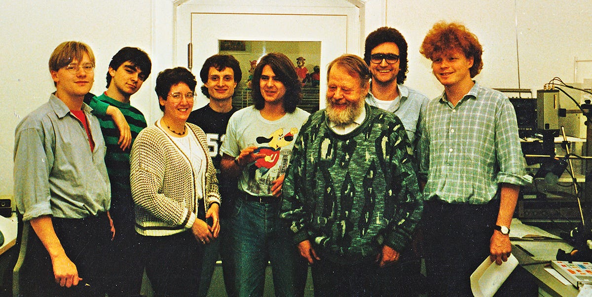 Hahn Film Berlin's photo includes such famous animators as Andi Knight (center) and most of the Danish animators from A-film; Gerhard Hahn has the black hair and glasses. 