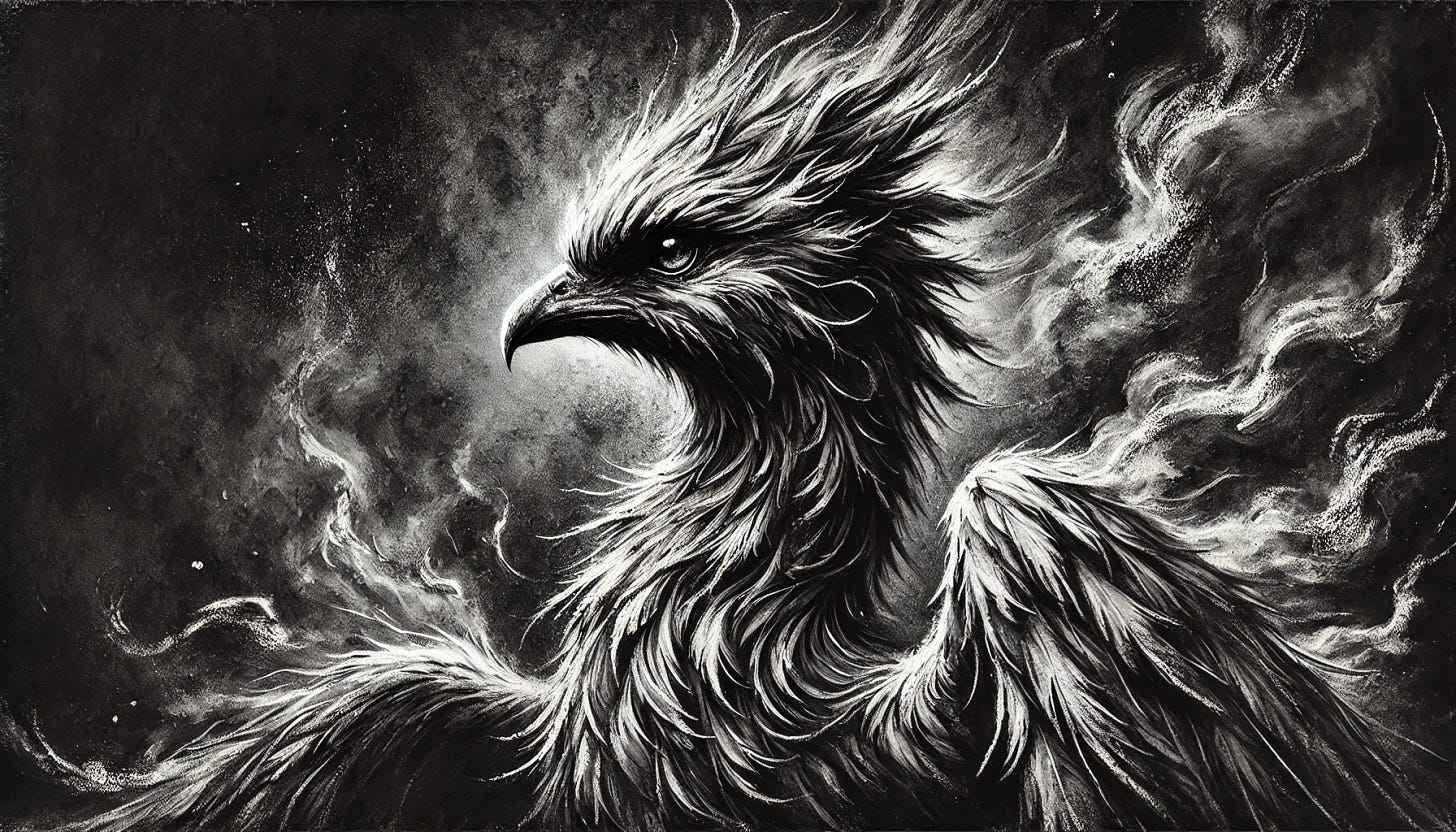 A phoenix depicted in a close-up, wings folded, with intense charcoal detailing. The flames are reduced to smoky wisps around the body, blending into a rough-textured background. The contrasts are sharp, highlighting the bird’s eyes and beak. Created Using: charcoal drawing techniques, strong smudging, heavy contrasts, textured background, detailed feathers, soft flame effects.