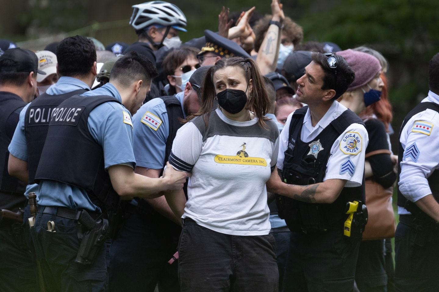 Police took demonstrators into custody on the campus of the Art Institute of Chicago after students established a protest encampment on the grounds on May 4, in Chicago.
